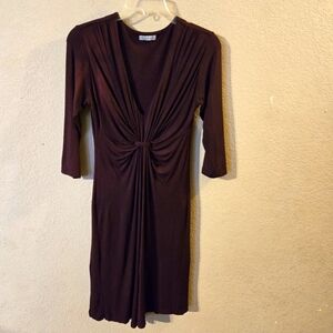 Wyeth Womens Burgundy V Neck Empire Waist Baby Doll 3/4 Sleeve Midi Dress  XS